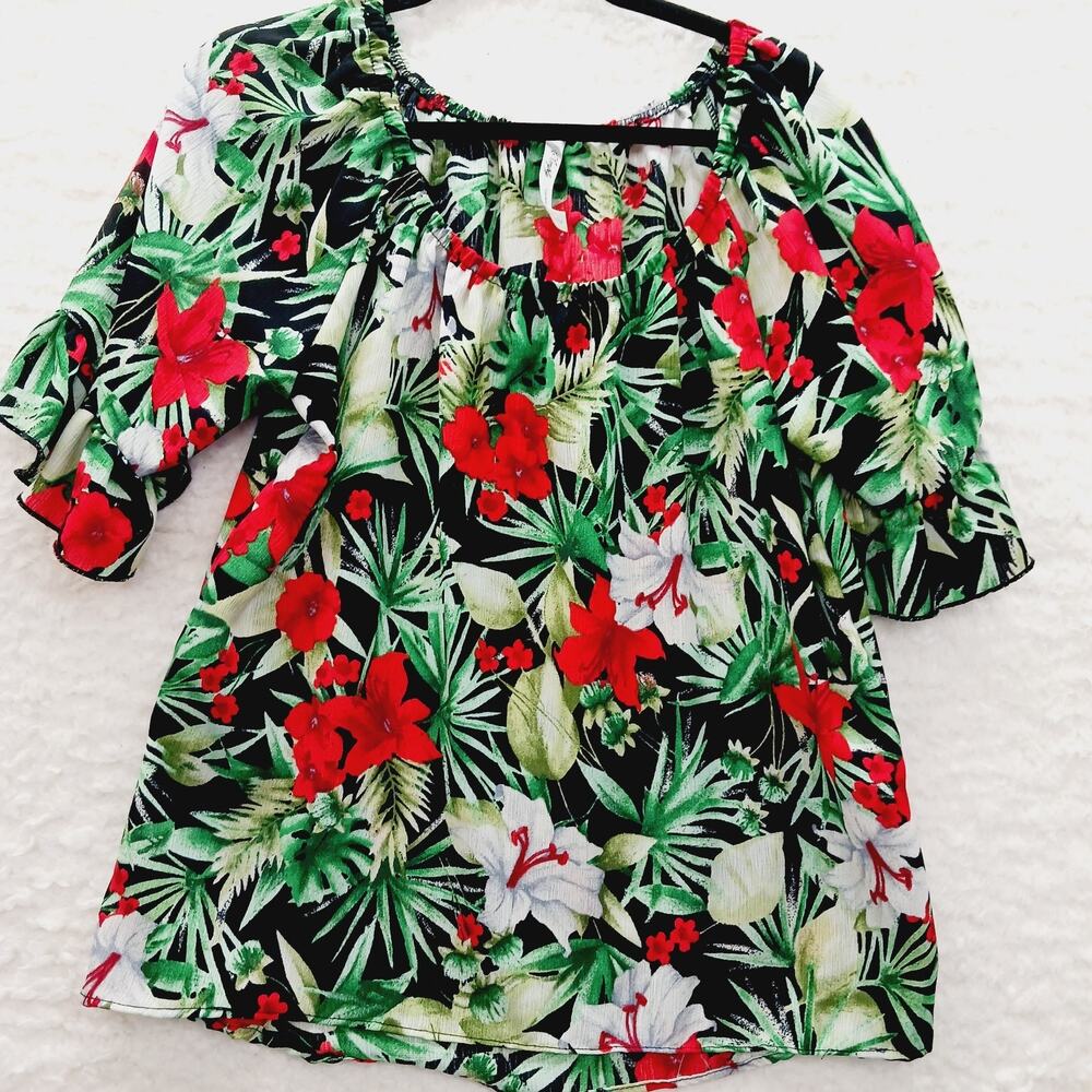 Blouse Red Green Hibiscus Palm Plumeria Tropical Vacation Cruise Resort Size S
